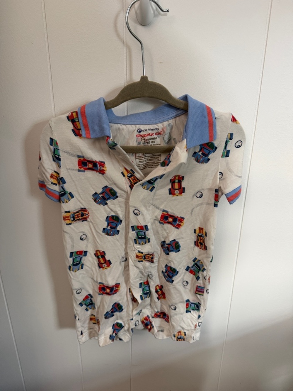 Magnetic Me Cream Polo with Blue Trim and Multicolor Cars